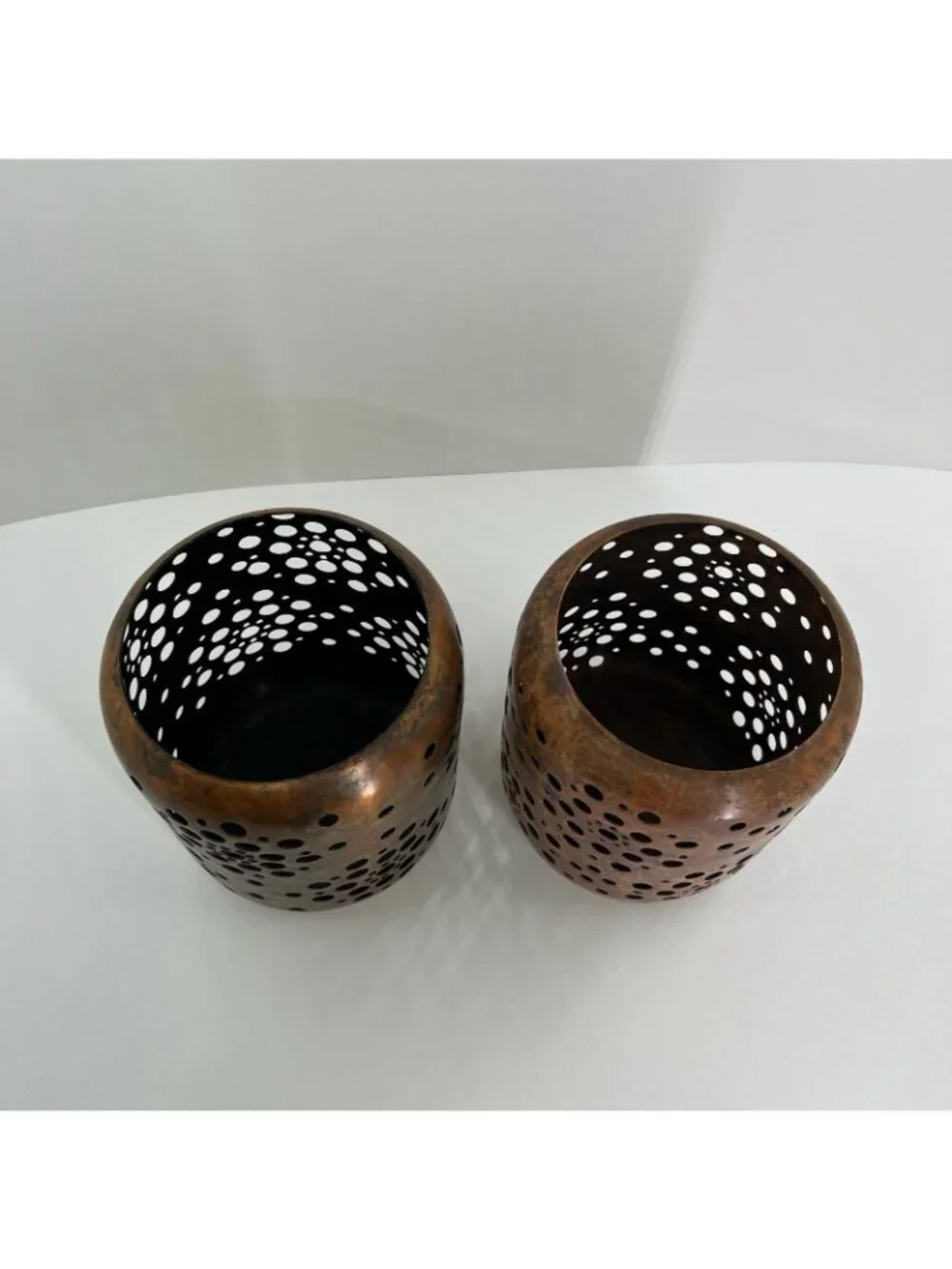 Set of 2 Pierced Copper Metal Candle Holders Votive Lanterns Rustic Decor